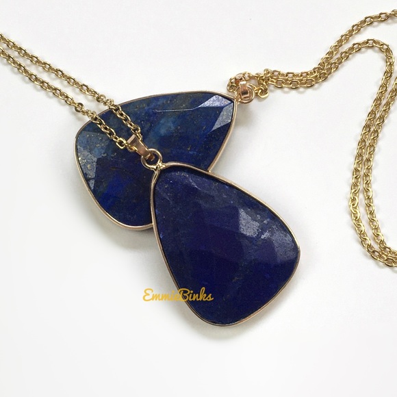 New Faceted Genuine Lapis Lazuli Triangular Pendant Necklace ~ Gold Plated Stone - Picture 3 of 11